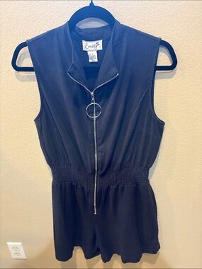 Everbloom Dark Gray Linen Blend Sleeveless Zip Front Romper-with pockets-L